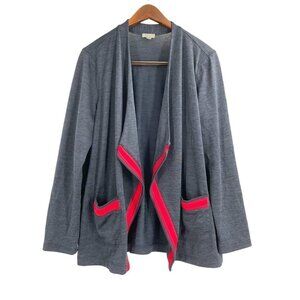 T by Talbots Blue Open Front Cardigan Red Trim Womens Size Large Layering Piece